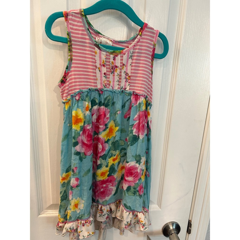 Pink Vanilla Dress Pink Blue Floral Striped Mixed Media Ruffle‎ Boho Summer